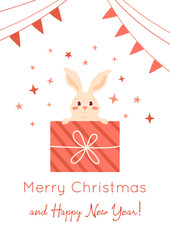 Cute bunny in gift box. Merry Christmas card with Baby rabbit peeking out of the present with bow and dots pattern, bunting and stars, greeting text. Vector illustration with funny animal head.