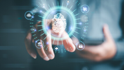 Approved cybersecurity and login authentication With AI database technology, business people use fingerprints to unlock the system and provide access, connection, security and online privacy.