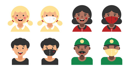 Set, collection of avatars, portraits, profile pictures with people wearing medical masks. People various age and gender with and without masks. Protection measure. Vector illustration, icons.
