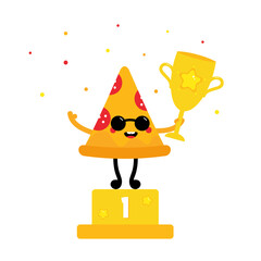 Cute and happy cartoon style pizza slice character winner celebrating first place, standing on pedestal and holding challenge cup, trophy in hand.