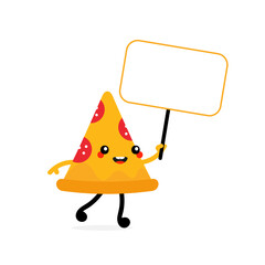 Cute cartoon style pizza slice character holding blank sign, card, banner in hand.
