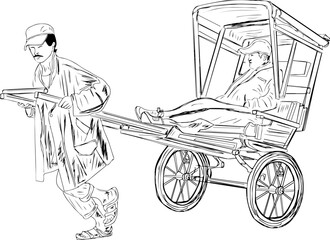 Hand Rickshaw vector, Outline sketch drawing of Man pulling hand cart with passenger, A rickshaw puller with his customer cartoon doodle art - obrazy, fototapety, plakaty