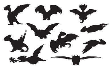 Dragon Cute Silhouettes Character Set Cartoon Vector Illustration