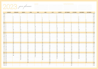 Calendar 2023 year planner template. Printable wall calendar table. Week starts on Monday