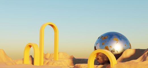 Abstract Dune cliff sand with metallic Arches and clean blue sky. Surreal minimal Desert natural landscape background. Scene of Desert with glossy metallic arches geometric design. 3D Render.