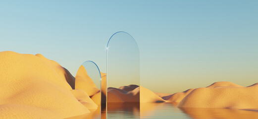 Abstract Dune cliff sand with metallic Arches and clean blue sky. Surreal minimal Desert natural landscape background. Scene of Desert with glossy metallic arches geometric design. 3D Render. - obrazy, fototapety, plakaty