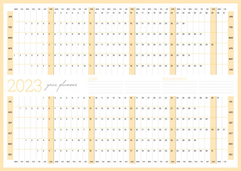 Calendar 2023 year planner template. Printable wall calendar table. Week starts on Monday