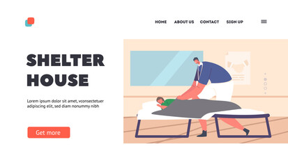 Shelter House Landing Page Template. Volunteer Care of Refugees, Characters Survive during War Conflict or Accident