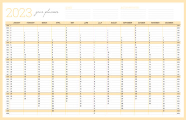 Calendar 2023 year planner template. Printable wall calendar table. Week starts on Sunday