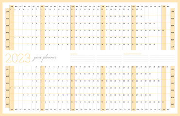 Calendar 2023 year planner template. Printable wall calendar table. Week starts on Sunday