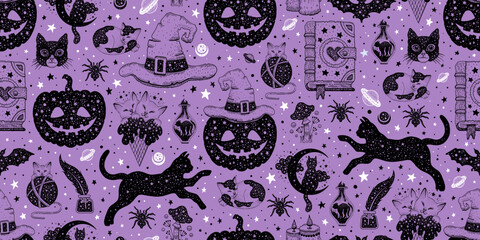 Halloween seamless pattern. Vector background with pumpkin cat witch hat potion. Cute esoteric design. Black spooky wallpaper illustration. Cat horror sketch art. Magic psychedelic halloween pattern