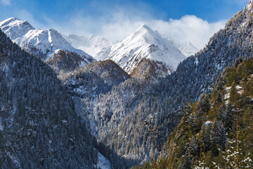 Snow capped mountain peaks in the alps