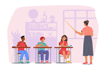 Kids on Lesson Concept. Children Characters with Teacher in Classroom. Boys or Girls Sitting at Desk in Class, Education