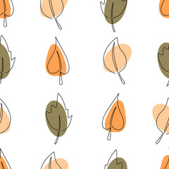 Abstract leaves seamless pattern. Flower one line art plant contour drawing. Minimal art autumn leaf on white backgroud. Elegant continuous line vector drawing.