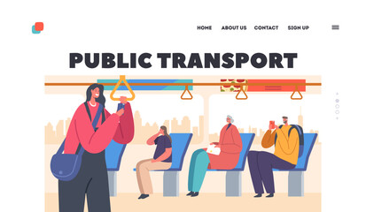 Citizen in Urban Public Transport Landing Page Template. People in Bus Interior, Young and Characters Sitting on Seats