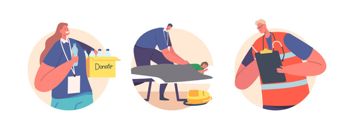 Volunteer Help Refugees in Shelter, Female Character with Water Bottles in Donation Box, Medic or Rescuer and Helper