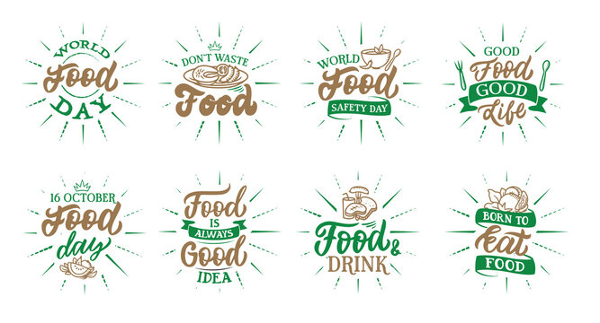 Naklejki The set of lettering phrases World Food day. The collection emblems
