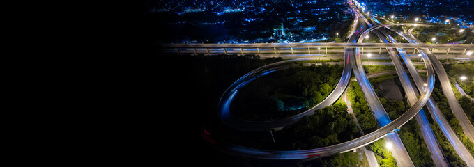 Aerial view of road interchange or highway intersection of Expressway top view, Road traffic an...