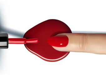Painting polish and fingers red nails with red nail polish drops on white background