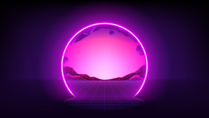 Vector illustration of fantastic portal in metaverse. Round teleport or magic portal leading in virtual digital reality. Simulation of network futuristic world. 3d vector illustration with metaverse.