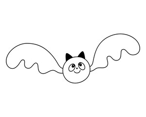 Cute flying smiling bat with open wings.Doodle style.Outline.Isolated on white background.