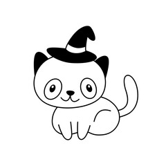 Doodle cute halloween cat with witch hat on head. Cartoon smiling kitten lies. Childish festive design element.Outline.Sketch.Isolated on white background.