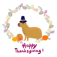 Capybara with thanksgiving hat, Thanksgiving greeting card.