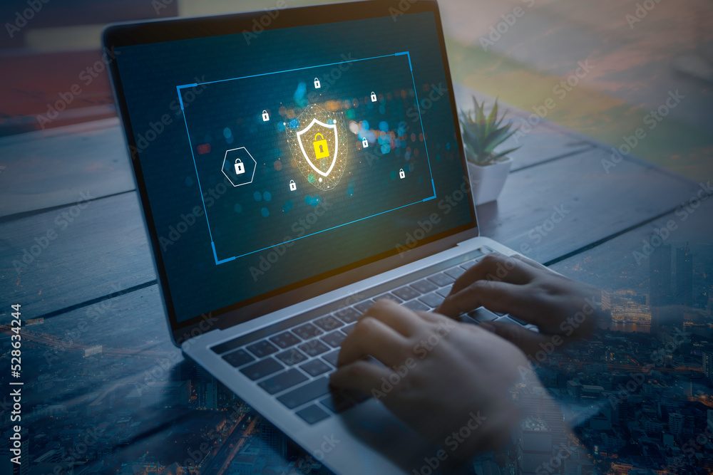 Poster double exposure with cyber security protectors concept, digital crime by an anonymous hacker, big on