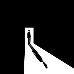 black and white paint a man stand in front of the door into the dark room represents 