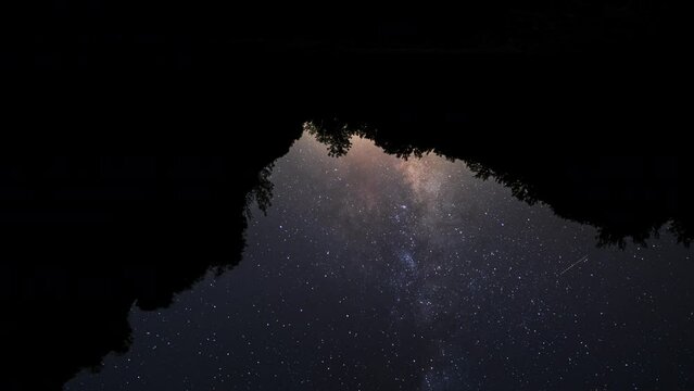 Dramatic  Milky Way time lapse reflection in a lake inside a forest