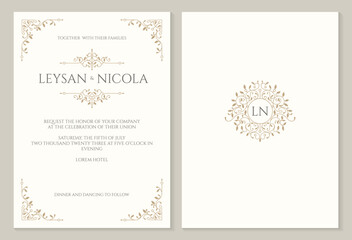 Elegant wedding invitation. Classic graphic elements. Ornamental frame pattern.