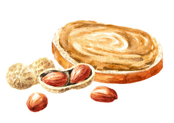 Peanut butter, Hand drawn watercolor illustration, isolated on white background