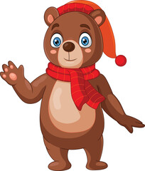 Cute bear cartoon wearing scarf and red hat