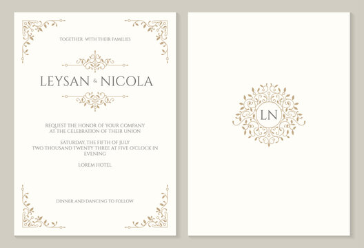 Elegant wedding invitation. Classic graphic elements. Ornamental frame pattern.