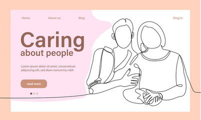 Charity and help from community of tiny volunteers. People giving care. Voluntary, sponsorship, altruism concept for banner, website design or landing web page. Vector illustration