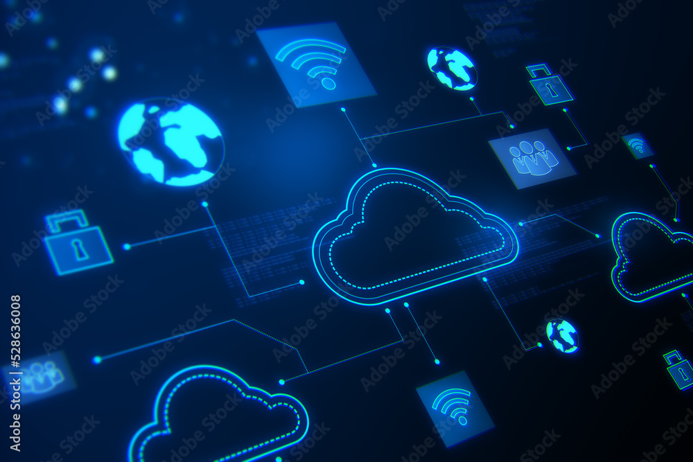 Poster Creative digital cloud computing wallpaper. Cloud data and service concept. 3D Rendering.