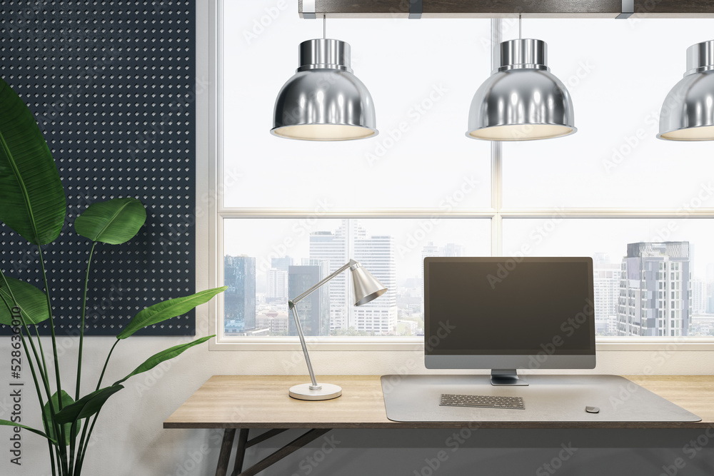 Aufkleber Close up of empty computer screen on wooden office desktop with objects, lamp and supplies on panoramic window and city view background. Mock up, 3D Rendering.