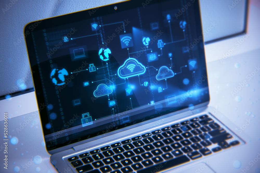 Aufkleber Close up of notebook at workplace with creative digital cloud computing hologram on blurry background. Cloud data and service concept. 3D Rendering.