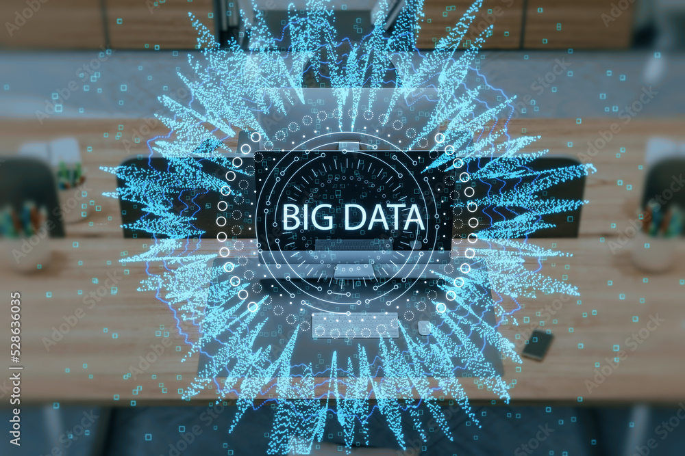 Poster Close up of office workplace with computer monitors on wooden desktop and abstract round big data hologram on blurry background. Code and digital science concept. Double exposure.
