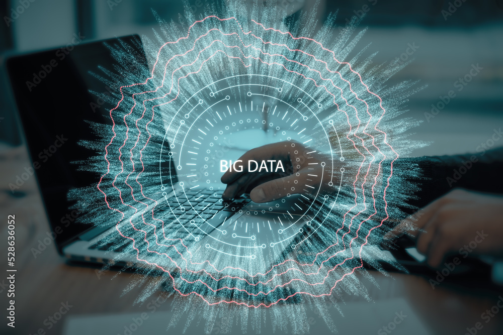 Aufkleber Close up of hand using laptop keyboard with abstract round big data hologram on blurry background. Code and digital science concept. Double exposure.