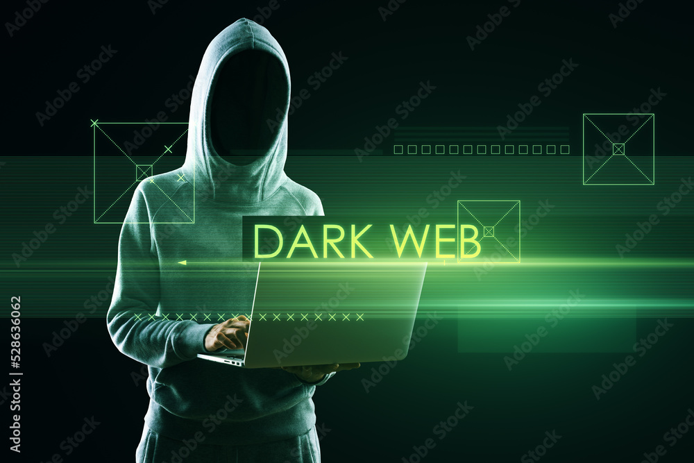 Poster Abstract dark web text over hacker holding and using laptop on blurry background. Hacking and attack concept. Double exposure.