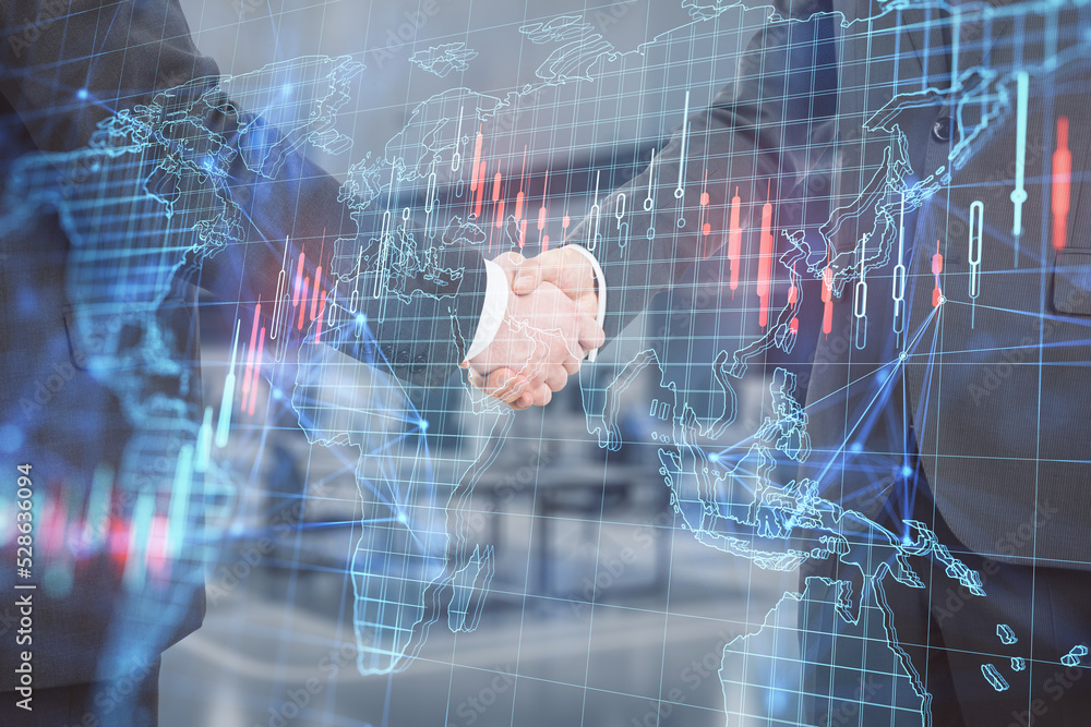 Poster close up and side view of businessmen shaking hands with creative forex grid map on blurry office in
