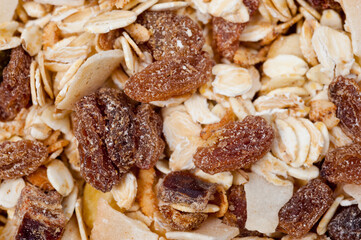 Muesli from oatmeal fruits and nuts, healthy diet food.