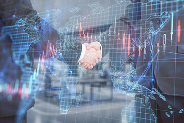 Close up and side view of businessmen shaking hands with creative forex grid map on blurry office interior background. Trade, teamwork, deal, finance, market and invest concept. Double exposure.