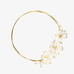 Hand drawn golden lily flower round grunge wreath in cute doodle style. Luxury elegant vector illustration for wedding invitations, birthday, quotes, thank you card, cosmetics. Copy space for text.