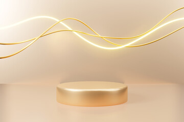 Gold circle podium with golden line and neon light for product presentation. Luxury astract award platform 3d rendering background