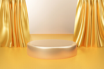 Gold circle podium with golden curtain on stage for product presentation. Luxury award platform 3d rendering background