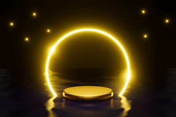 Gold luxury podium with golden neon circle on black background for product presentation.  astract award platform 3d rendering
