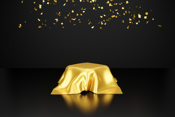 Golden luxury fabric cloth podium with gold confetti on black background for product presentation.  astract award platform 3d rendering