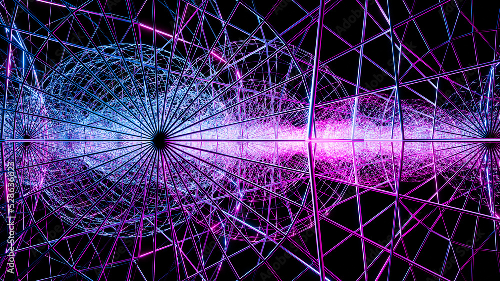 Poster abstract background wireframe design neon color wire sphere on black background, wallpaper, space an